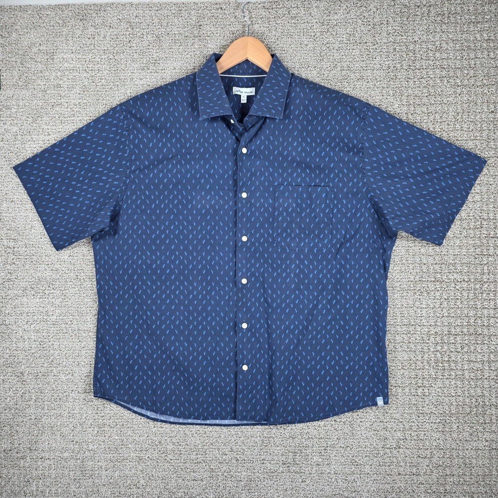 Peter Millar Mens XL Blue Antler Geometric Short Sleeve Shirt Cotton Blend
